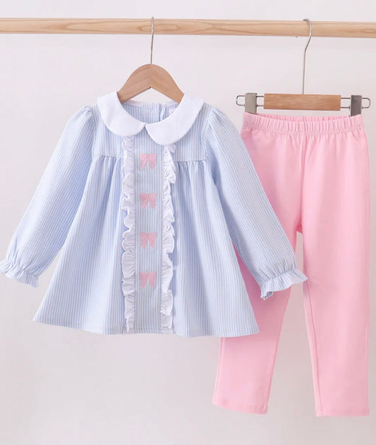 OTW- Pink + Blue Seersucker Bow Pant Set