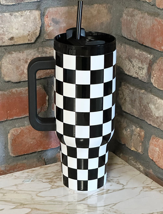 40oz Black+White Checkered Tumbler