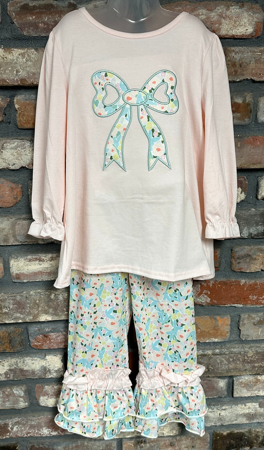 Pink Floral Print Bow Pant Set
